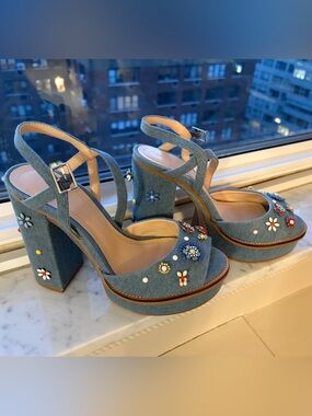 Zara Denim Platform Sandals with Floral Bead Embellishments - Blue size 38